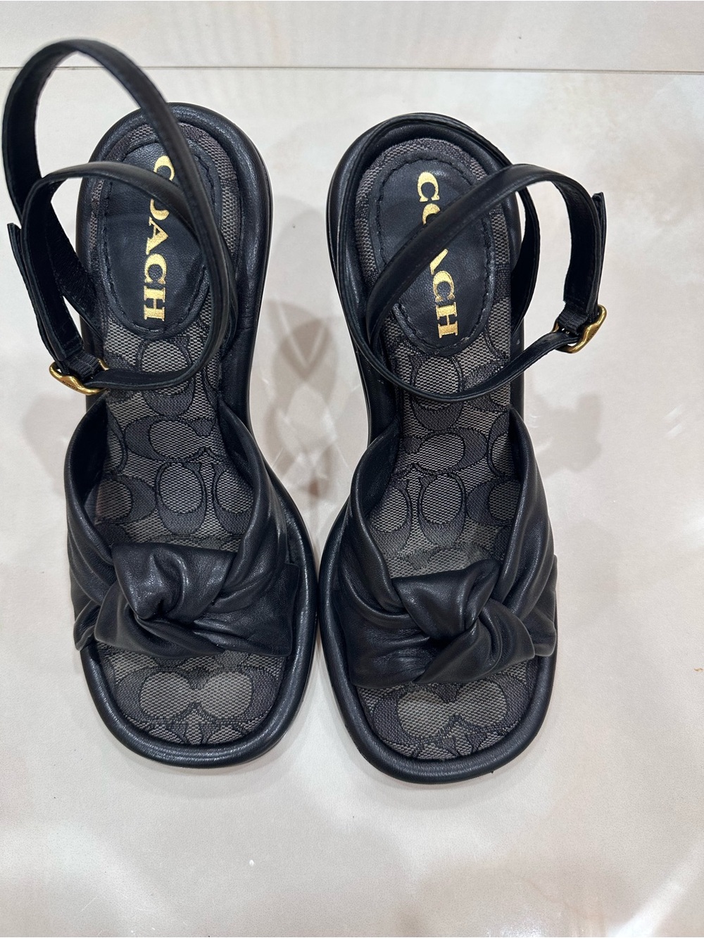 COACH Black Leather Knot Front Sandals with Signature Insole
